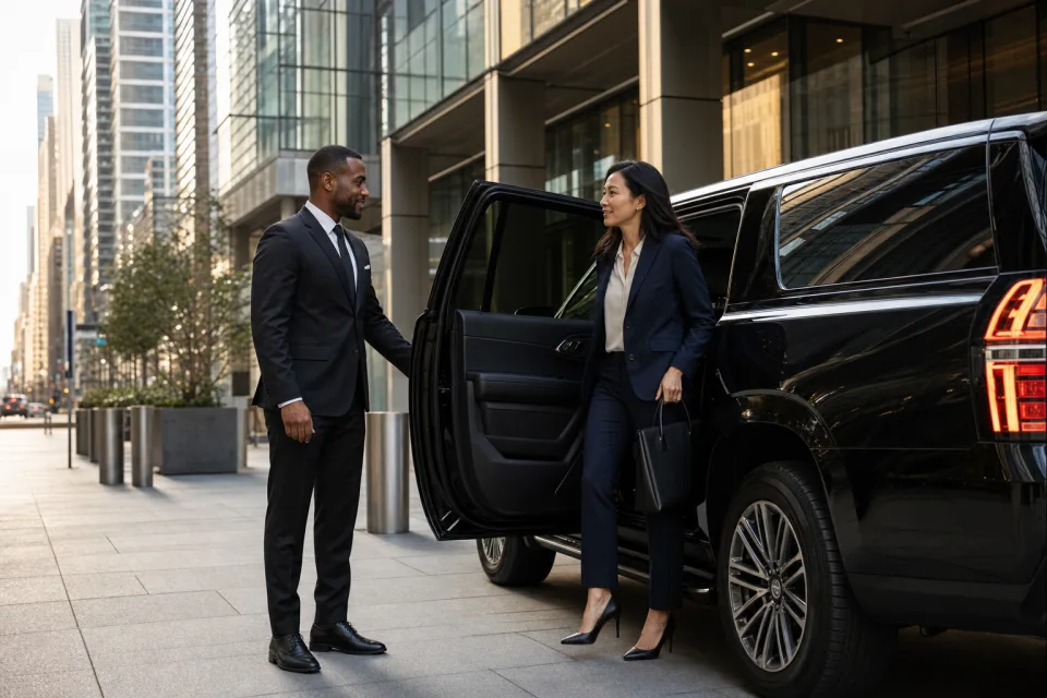 Corporate traveler entering a chauffeured luxury SUV outside a Manhattan office