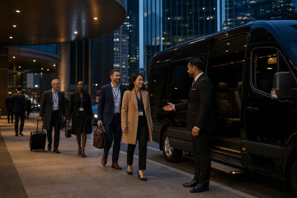 Group transportation arriving at a NYC event venue in an executive van