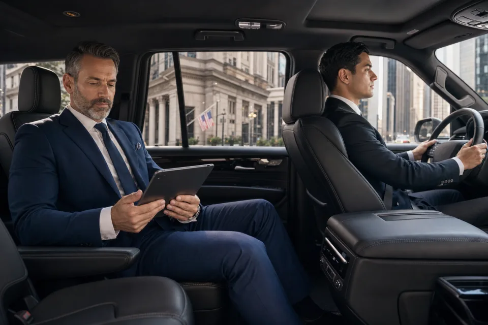 Business executive working comfortably during hourly chauffeur service in NYC