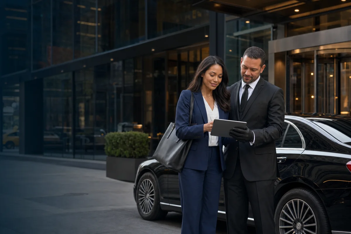 Travel advisor coordinating a New York City car service itinerary with a professional chauffeur