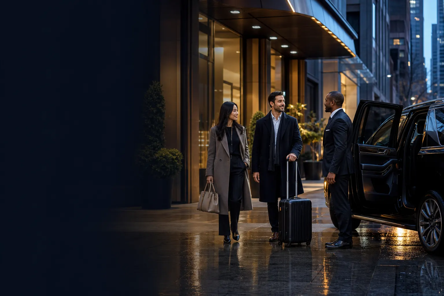 NYC travel agency clients welcomed by a private chauffeur beside a luxury SUV in Manhattan
